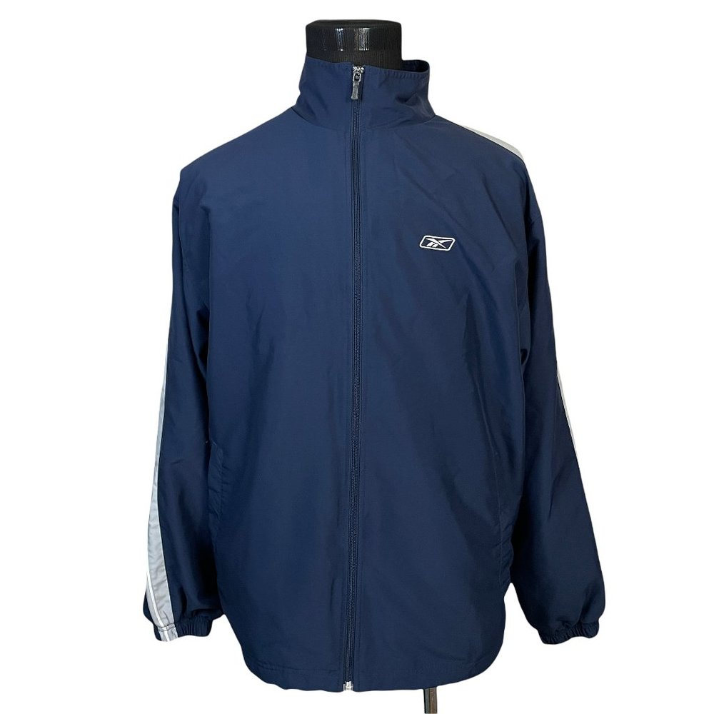 Reebok | Men's Navy Blue Striped Grey White Full Zip Track Jacket Large